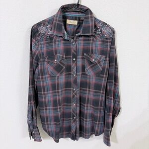 Plaid Floral Embroidered Blouse